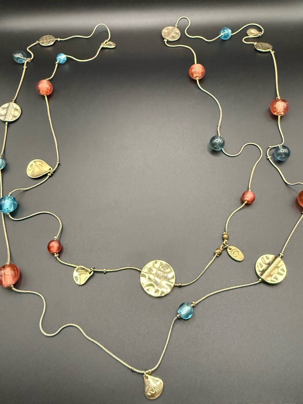 Long Gold-Tone Charming Charlie Boho Necklace with Blue and Coral Colored Beads